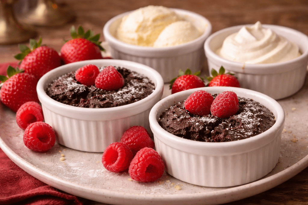 Chocolate brownie dessert pots with raspberries, strawberries, vanilla ice cream and whipped cream