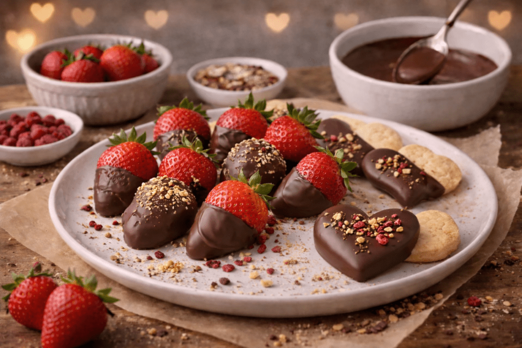 Chocolate-dipped strawberries and heart-shaped biscuits topped with nuts and freeze-dried berries