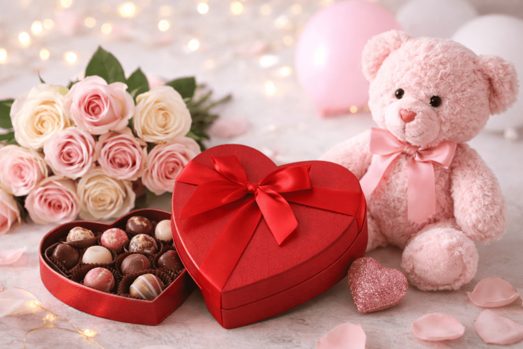 Classic Valentine’s gifts including soft pink roses, a heart-shaped box of chocolates and a cuddly teddy bear styled in a gentle, understated way