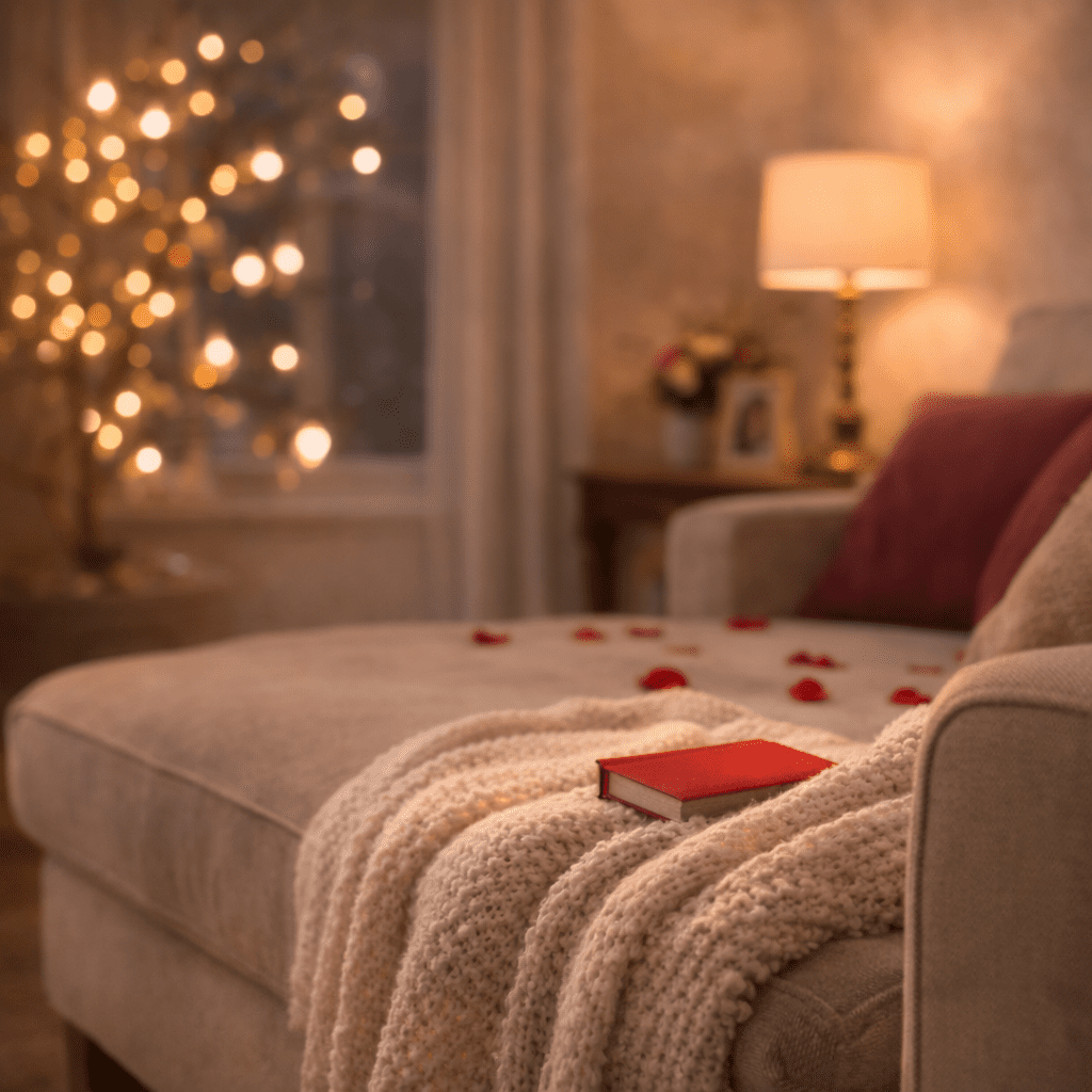 Cosy Valentine’s evening at home with a throw, book and soft lighting