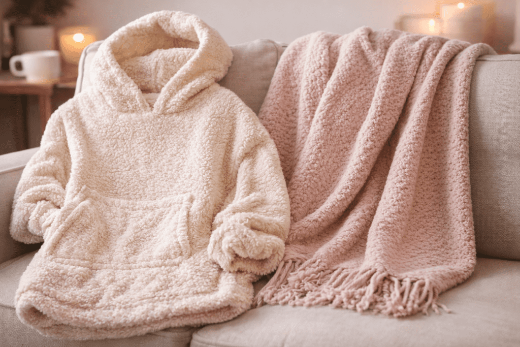 Cosy Valentine’s gift ideas featuring a soft cream blanket hoodie and a blush throw styled on a neutral sofa with candlelight
