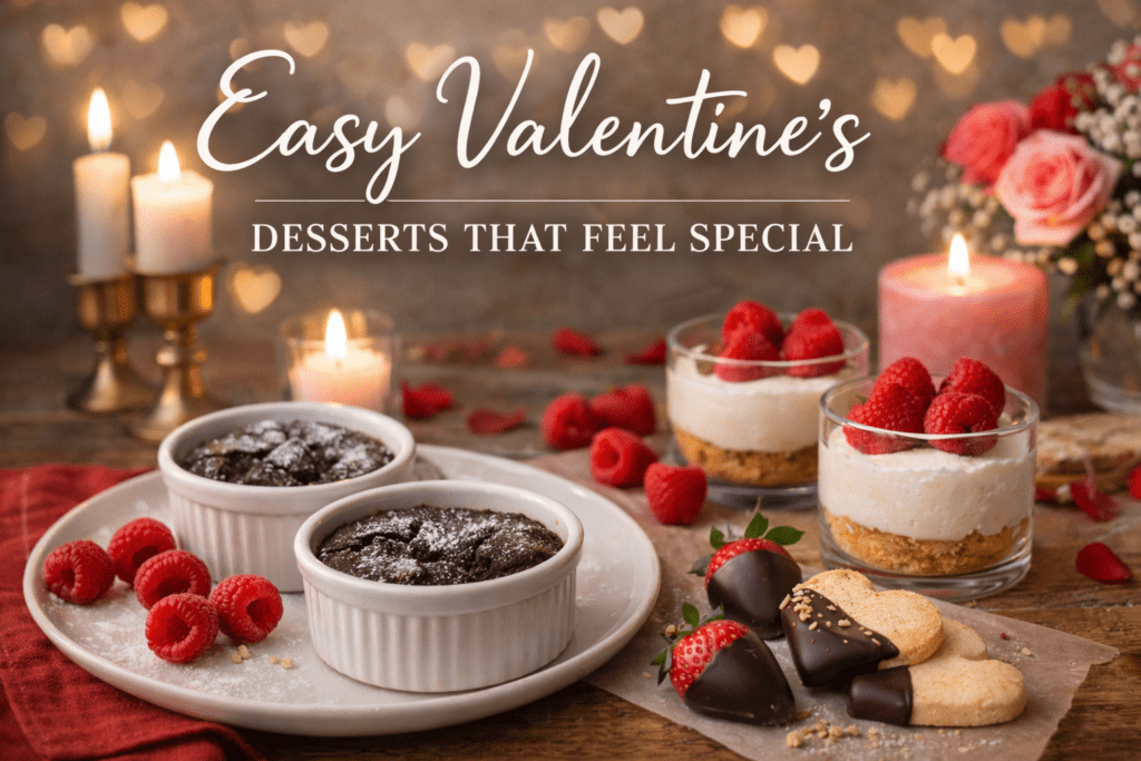 Easy Valentine’s desserts styled on a table with chocolate brownie pots, no-bake cheesecakes, berries and candlelight