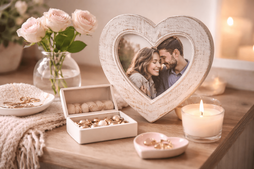 Valentine’s gift ideas styled with a heart-shaped photo frame, soft pink roses, jewellery and candlelight on a wooden dresser