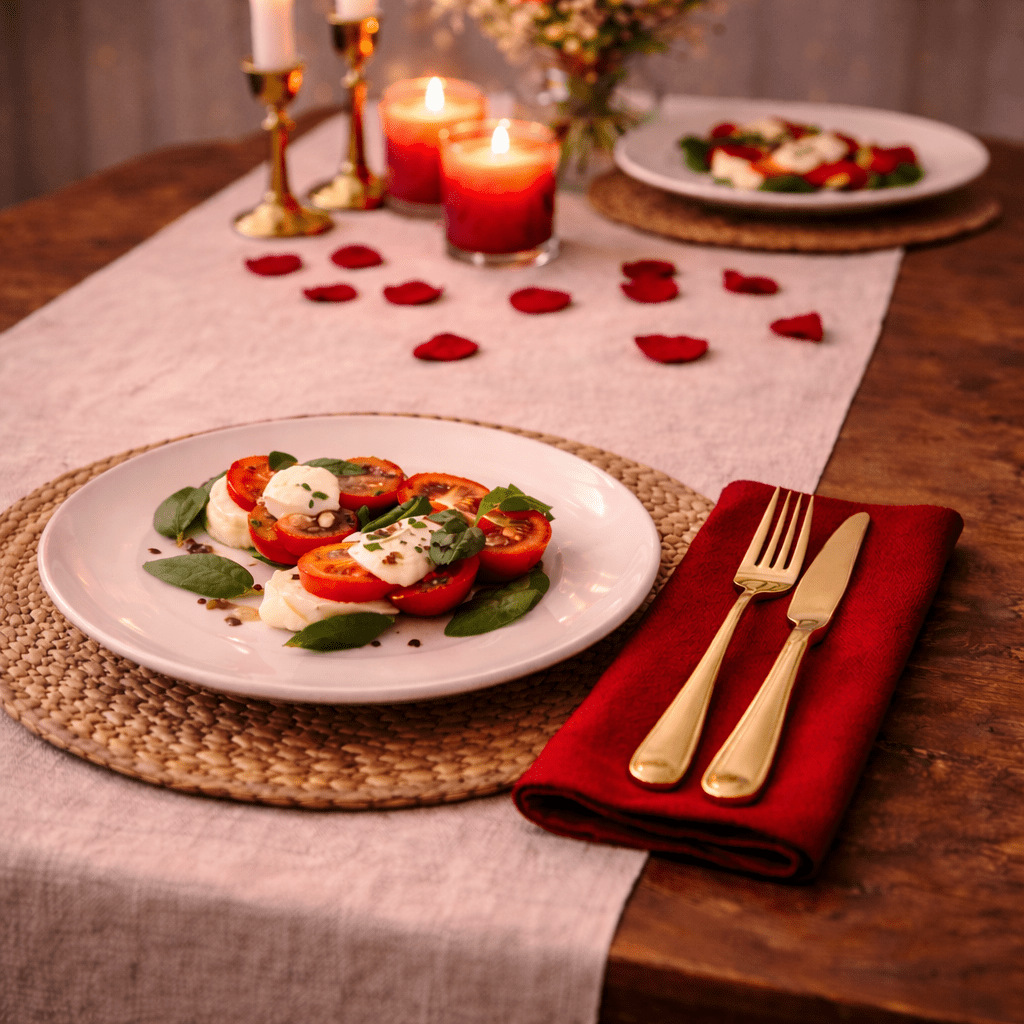 Valentine’s table detail with simple place setting, candles and red napkin
