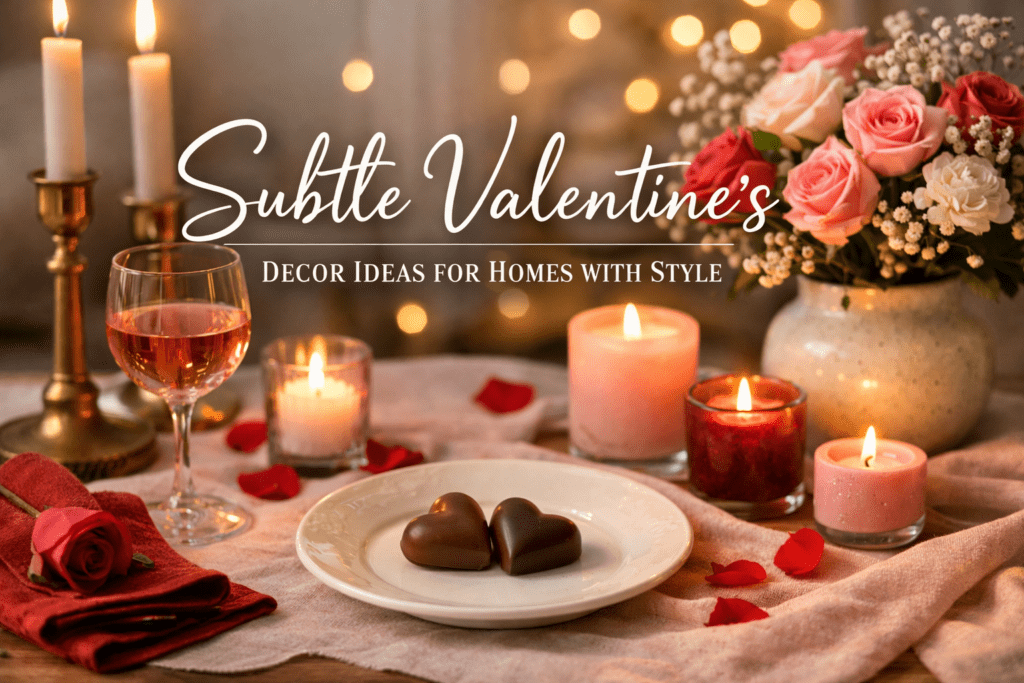 Subtle Valentine’s table styling with candles, flowers, wine and heart-shaped chocolates