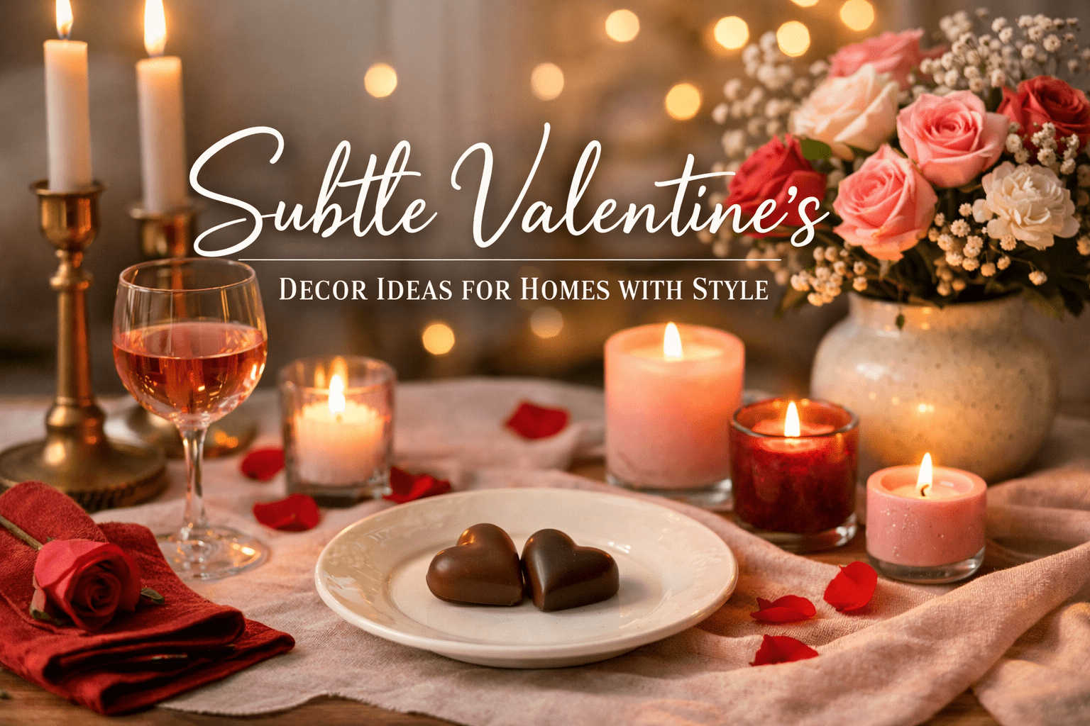 Subtle Valentine’s table styling with candles, flowers, wine and heart-shaped chocolates