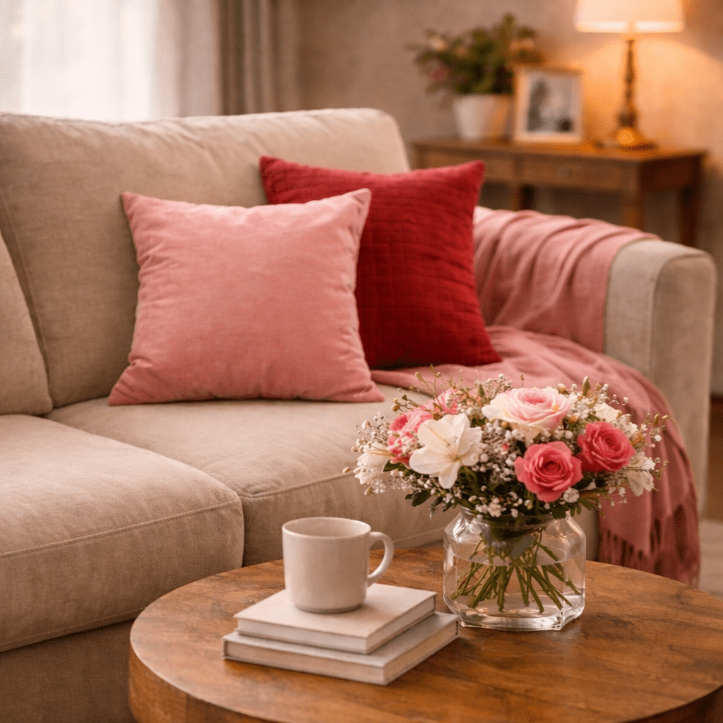 Subtle Valentine’s decor with pink cushions, flowers and soft red accents