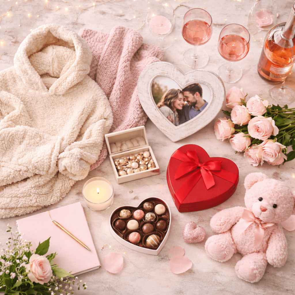 Valentine’s gift ideas including cosy home items, chocolates, flowers and a framed photo styled together on a neutral background