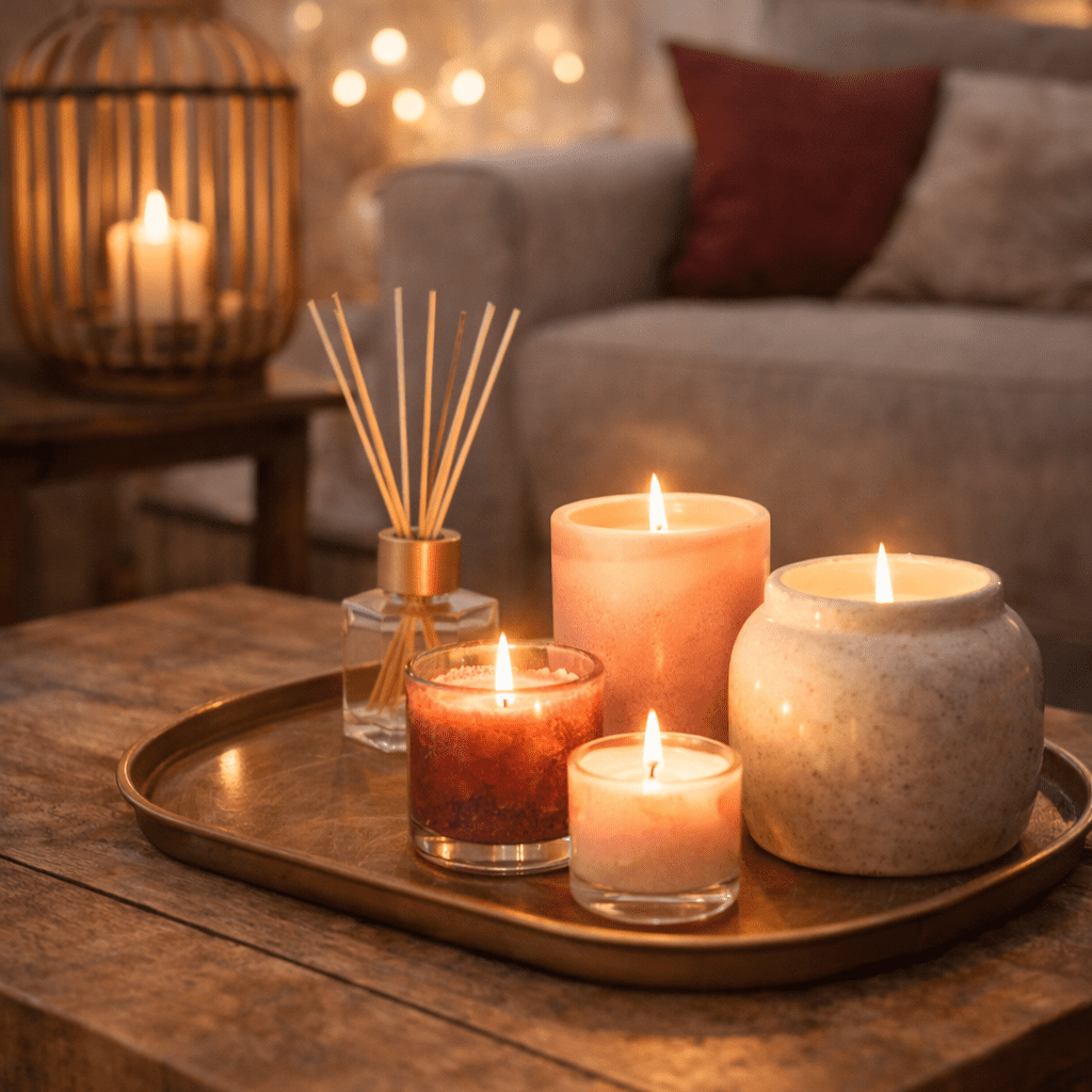Valentine’s home fragrance and candles styled on a tray in a cosy living room
