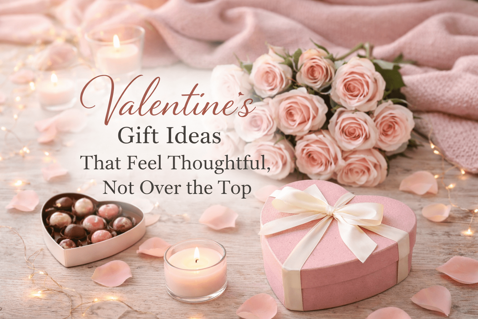 Valentine’s gift ideas styled with pink roses, candles, chocolates and a heart-shaped gift box on a soft neutral background