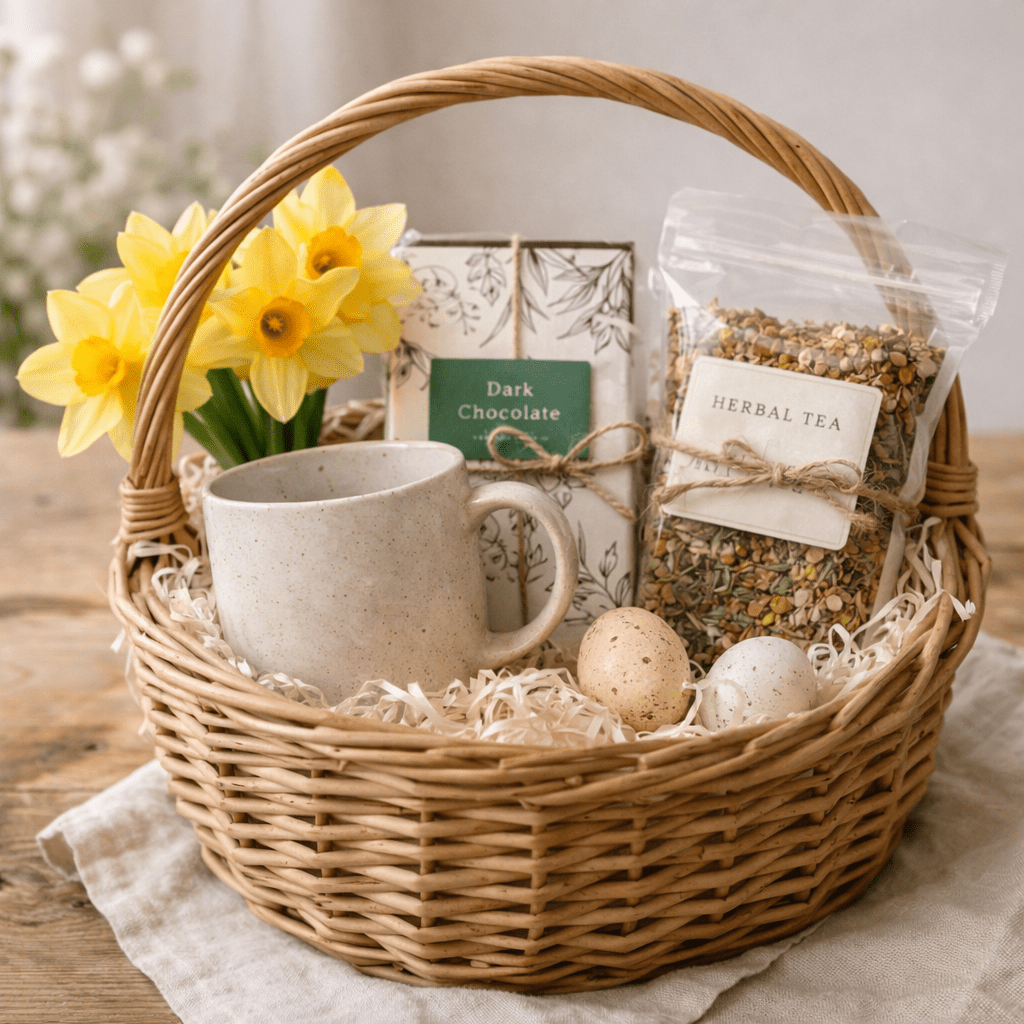 Adult Easter gift basket with mug, chocolate and spring flowers