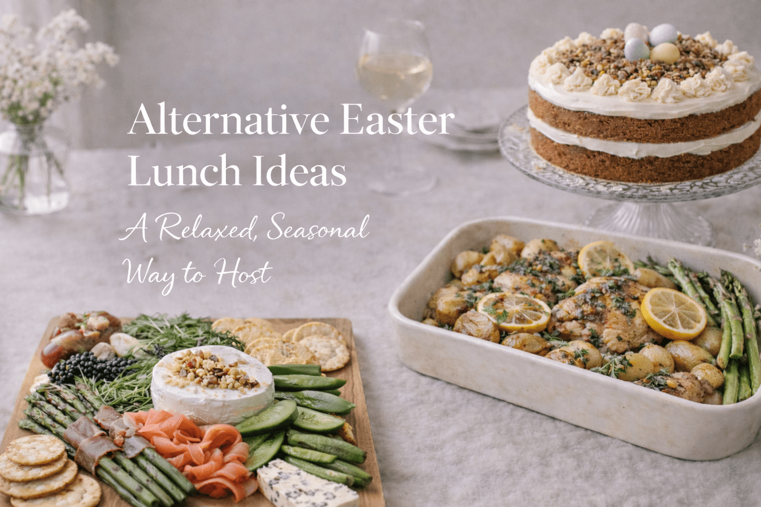 Alternative Easter Lunch Ideas featured image showing square wooden sharing board and lemon herb chicken traybake with elegant text overlay.