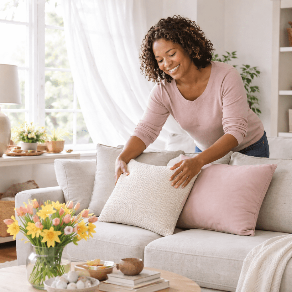 Woman in her late 30s arranging light linen cushions on a sofa in a bright living room filled with natural daylight.