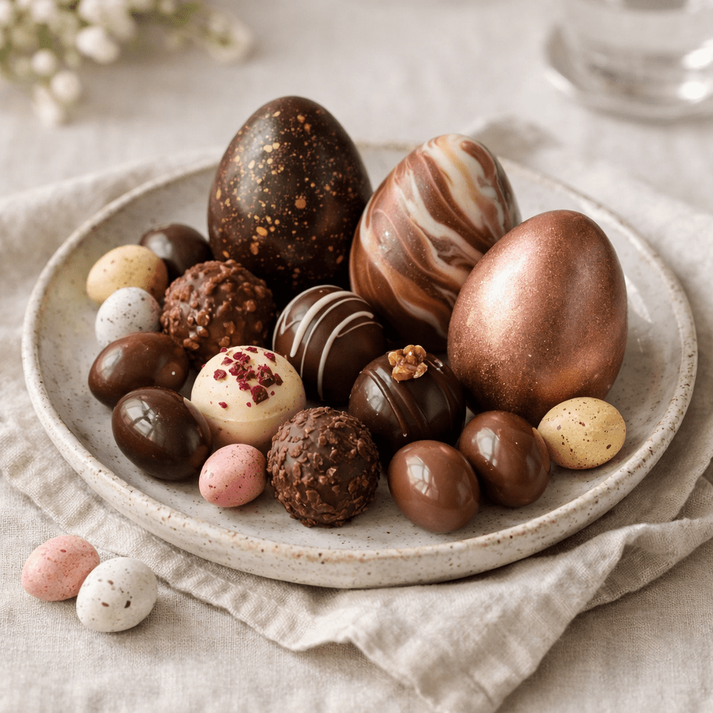 Artisan chocolate Easter gifting ideas styled on ceramic plate in soft natural light