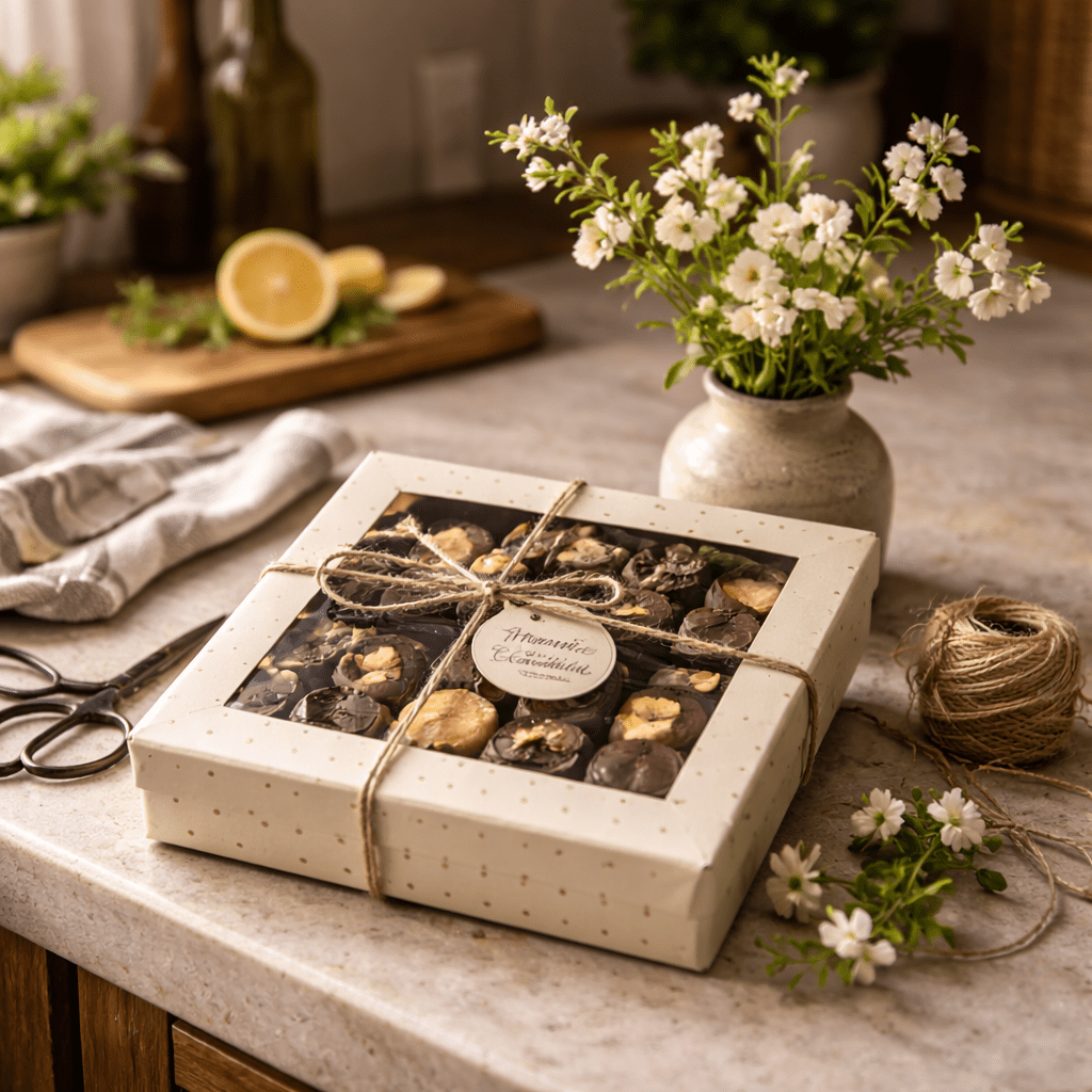 What to bring to a spring dinner: wrapped artisan chocolate gift box on a kitchen counter beside spring flowers in natural daylight.