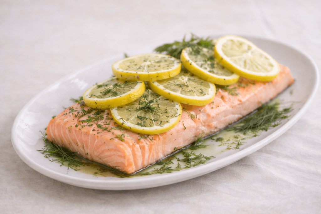 Baked salmon fillet topped with lemon slices and fresh dill on a white serving plate