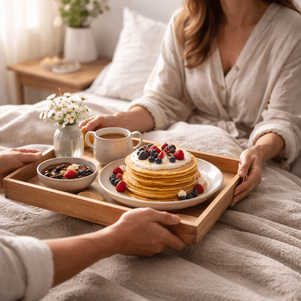 Breakfast tray with pancakes and coffee being handed to a seated woman in bed in soft morning daylight.