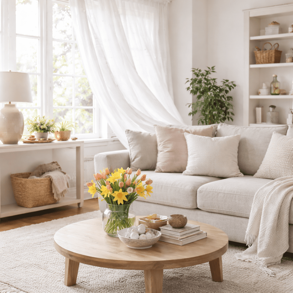 Bright neutral living room with sheer linen curtains blowing gently in natural daylight.