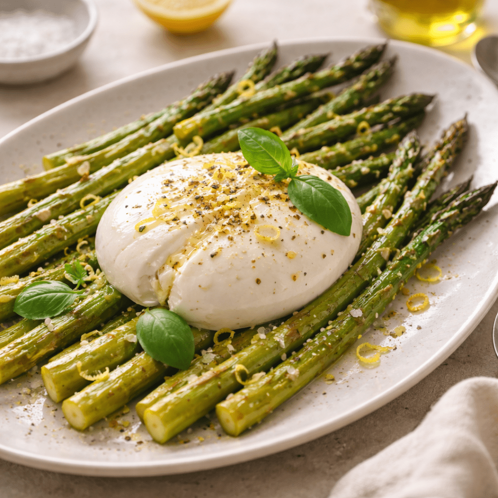 Burrata with roasted asparagus and lemon zest on a ceramic platter in natural daylight.