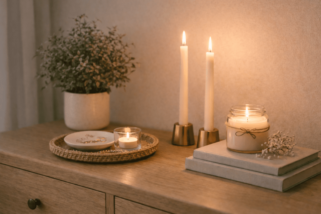 Mother’s Day decorating ideas with taper candles, a jar candle, and a potted plant styled on a sideboard
