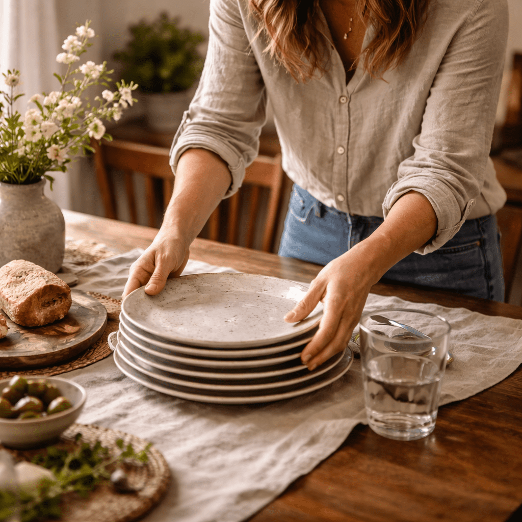 Woman adjusting a stack of ceramic dinner plates on a dining table in natural daylight.