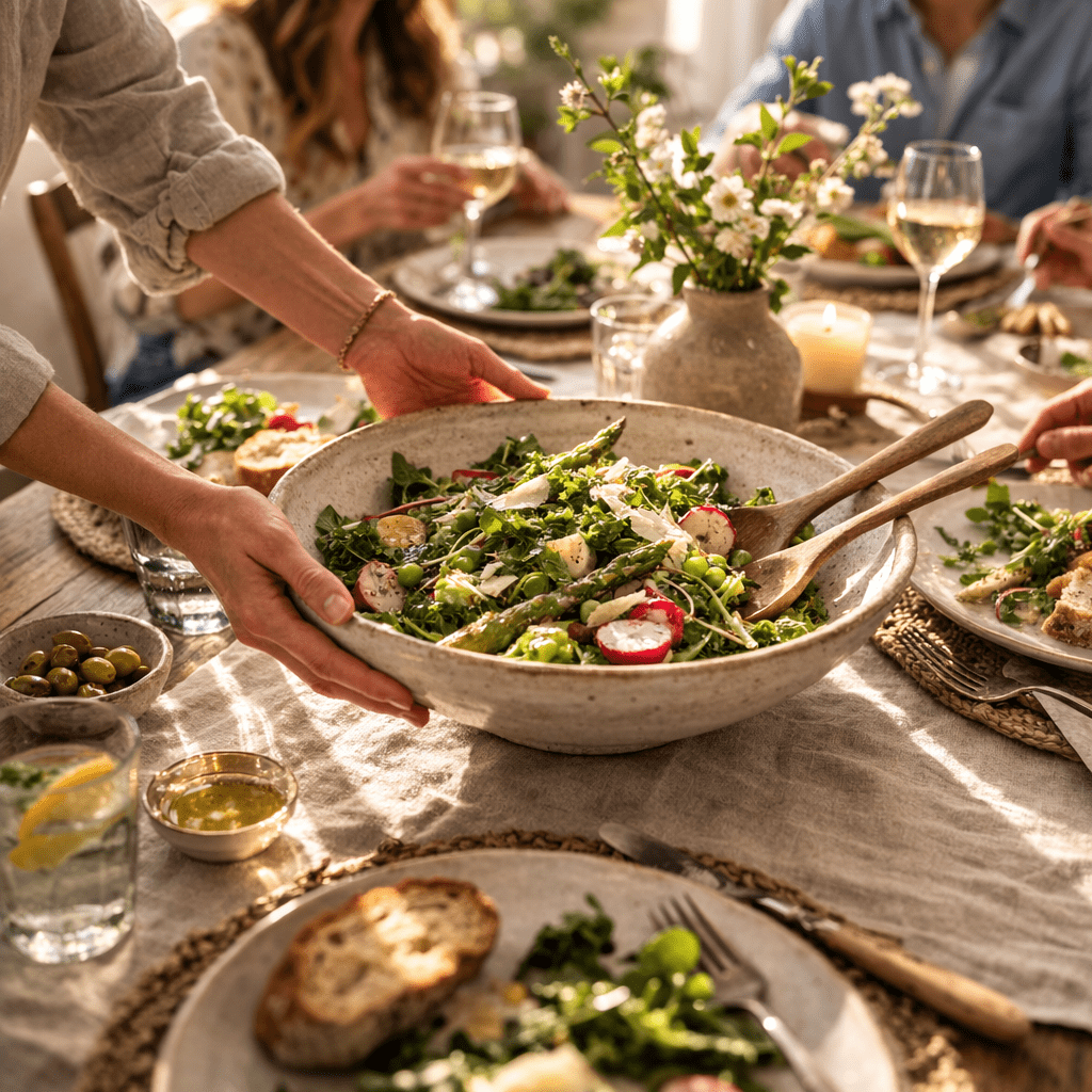 Large ceramic serving bowl being placed on a dining table during a relaxed spring meal, with guests softly blurred in the background.