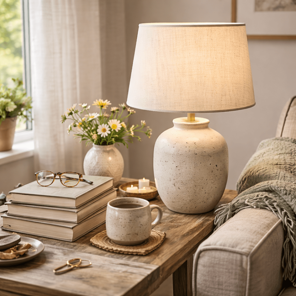 Ceramic table lamp on a slightly cluttered side table with stacked books and a folded throw in natural daylight for how to light your home for spring