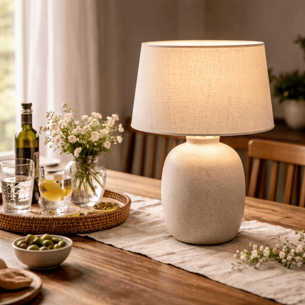 Ceramic base table lamp with linen shade on a wooden dining table in soft spring daylight.
