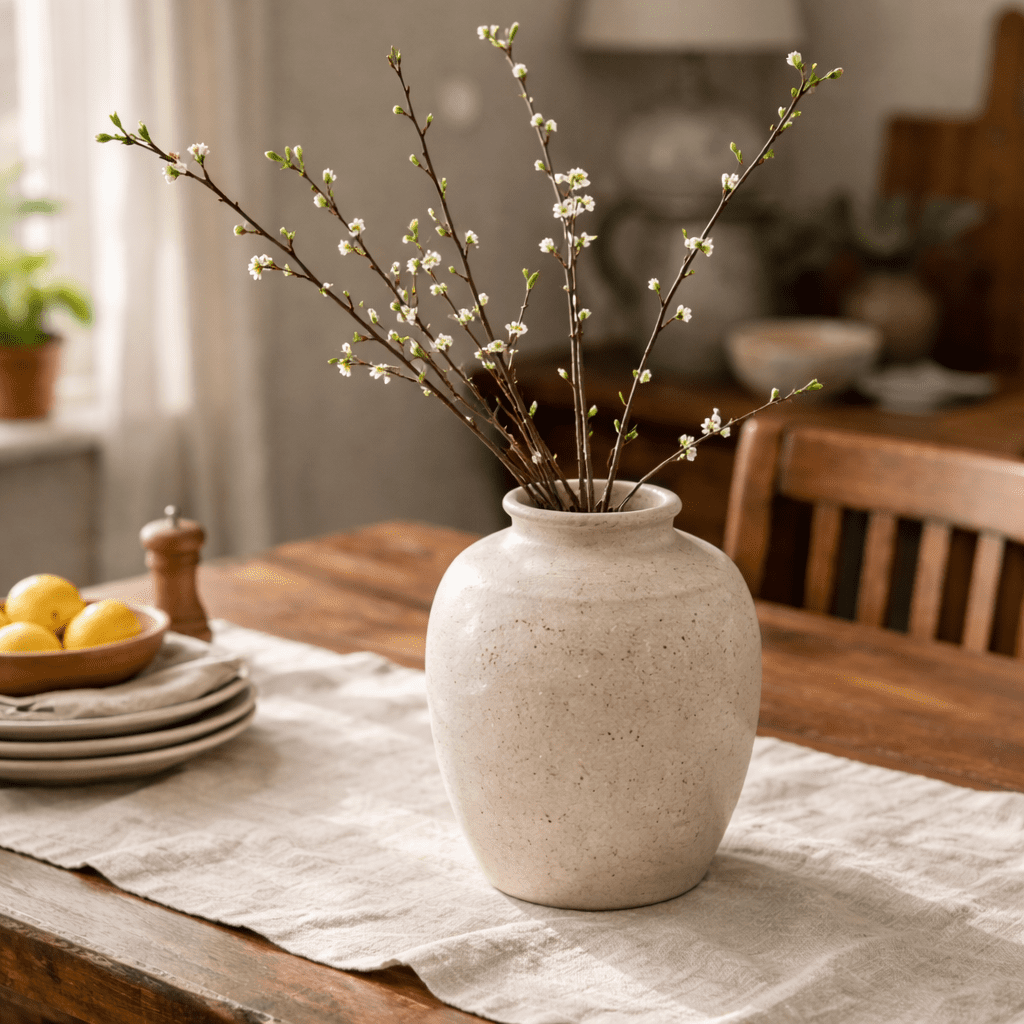 Large ceramic vase with simple spring branches on a wooden dining table in natural daylight.