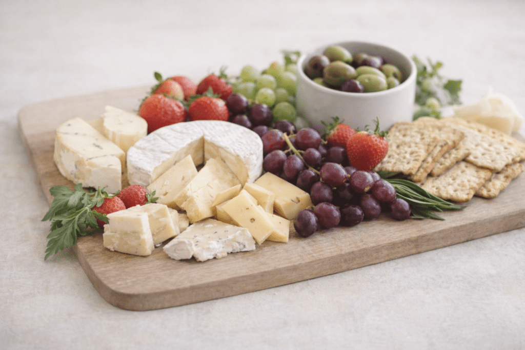 Mother's day menu cheeseboard with brie, hard cheese, grapes, strawberries, olives and crackers