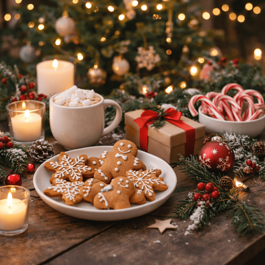 Christmas table with festive baking, candles and wrapped gifts