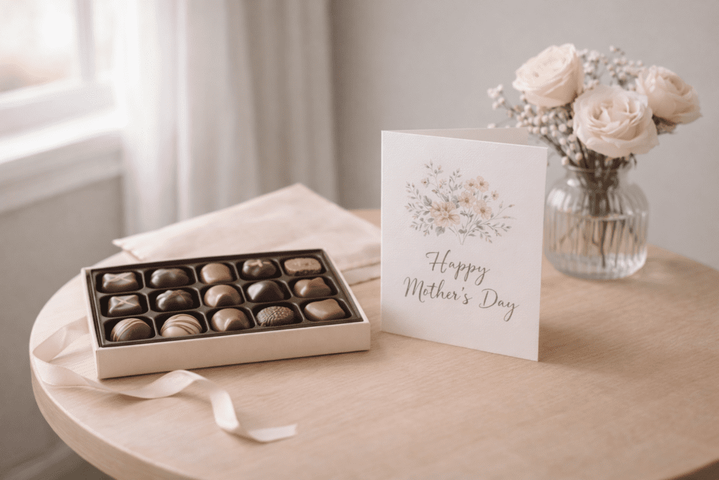 Mother’s Day gift ideas including a greeting card and box of chocolates styled simply at home.