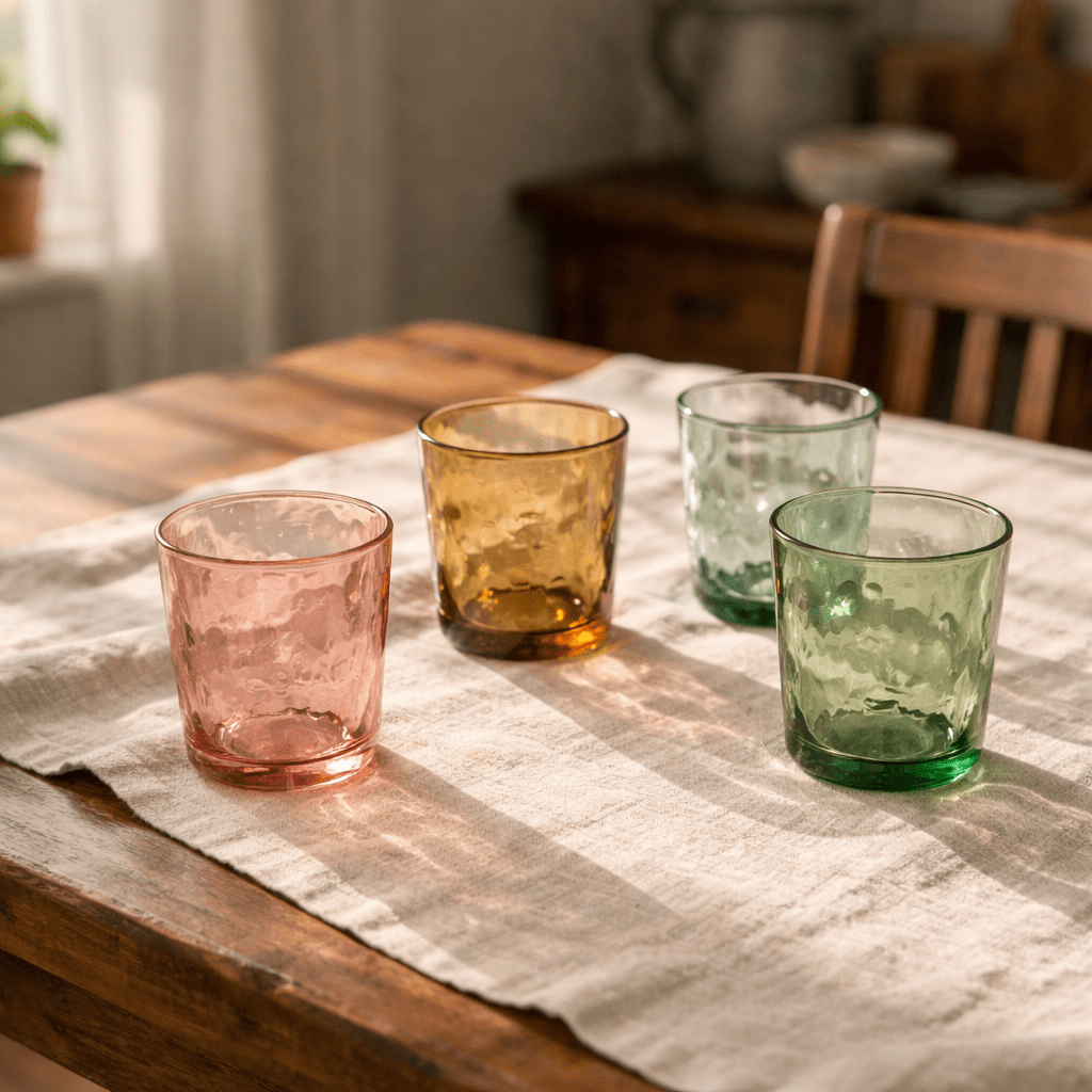 Coloured glass tumblers on a dining table in late afternoon sunlight casting soft shadows.