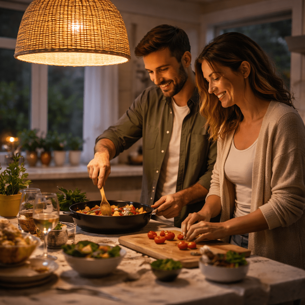 Couple in their 30s cooking together at a kitchen island beneath a woven pendant light at dusk.