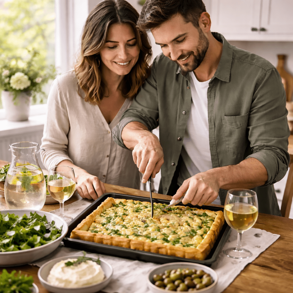 Couple in their 30s slicing a rectangular leek tart on a baking tray at a wooden dining table in natural daylight.
