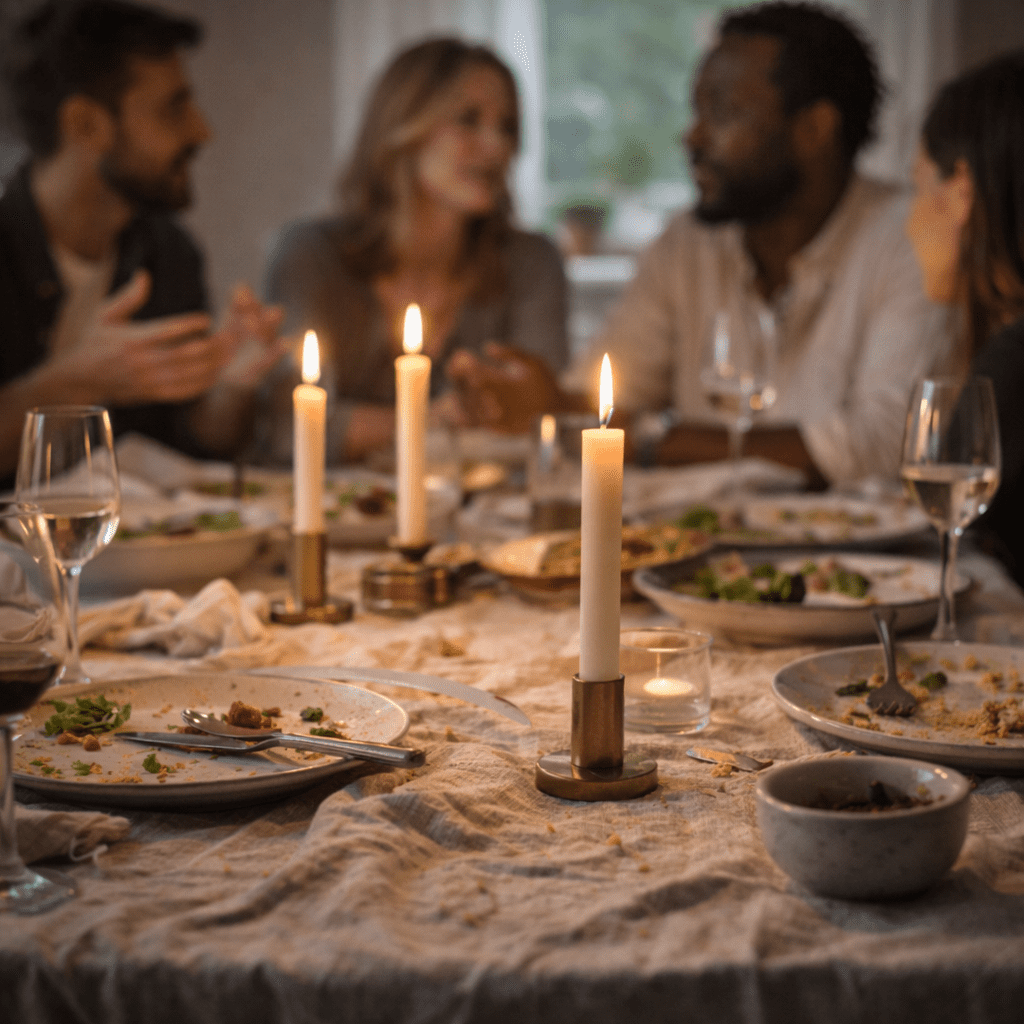 Dining table after a meal with taper candles burning low and adults blurred in the background.