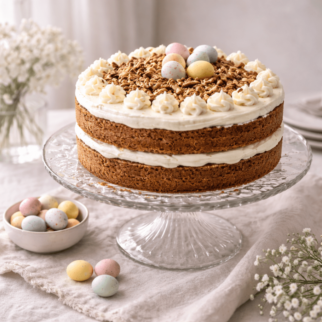 Carrot cake on a glass cake stand with pastel chocolate eggs and spring flowers in soft natural daylight.