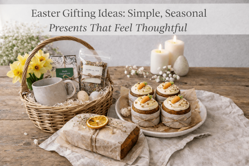 Easter gift ideas styled on a rustic wooden table with wicker basket, ceramic mug, chocolate, herbal tea, mini carrot cakes and lemon loaf under soft natural daylight