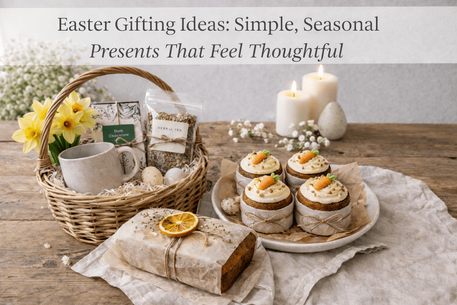 Easter gift ideas styled on a rustic wooden table with wicker basket, ceramic mug, chocolate, herbal tea, mini carrot cakes and lemon loaf under soft natural daylight