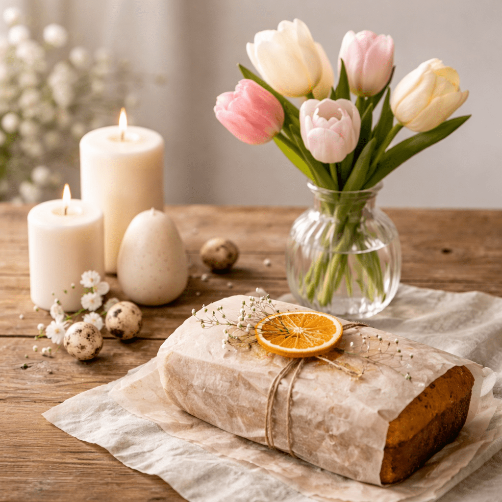 Easter hostess gift with tulips, candles and wrapped loaf cake