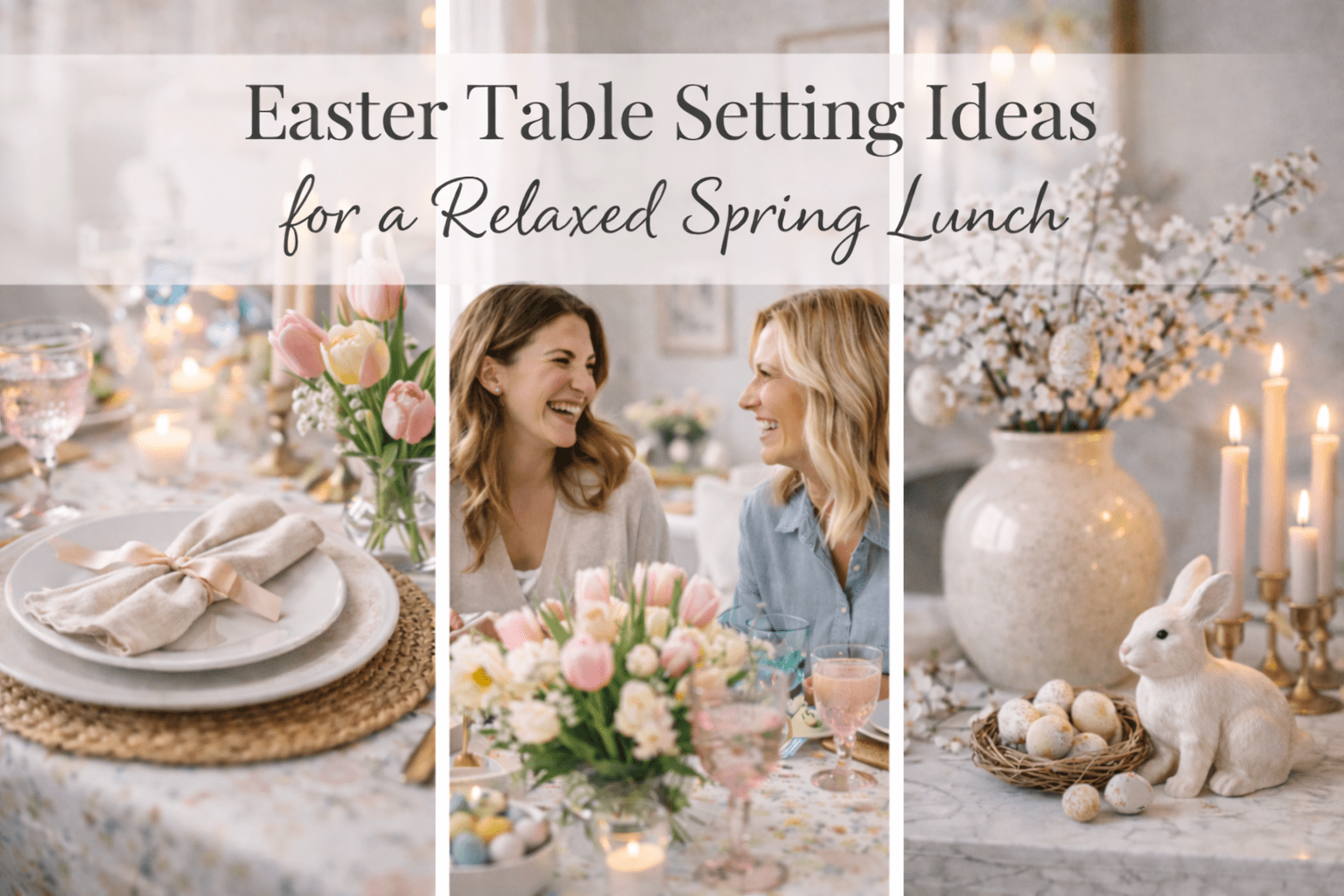 Featured blog image for Easter Table Setting Ideas for a Relaxed Spring Lunch with pastel table details and smiling guests.