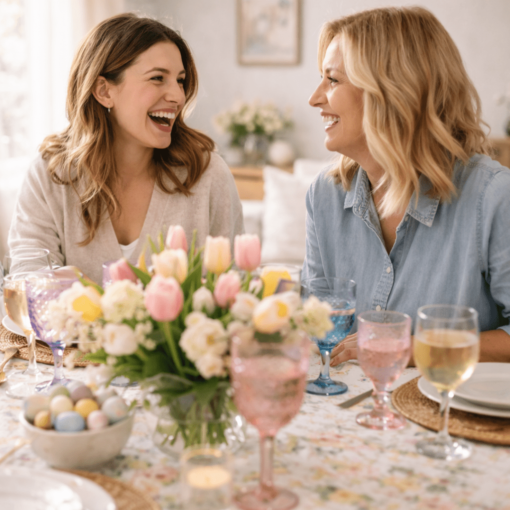 Two women laughing at an Easter table with pastel tulips and coloured glassware in warm natural light.