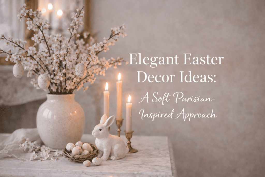 Cherry blossom branches and ceramic bunny styled with blush candles on marble console table with text overlay Elegant Easter Decor Ideas A Soft Parisian Inspired Approach.