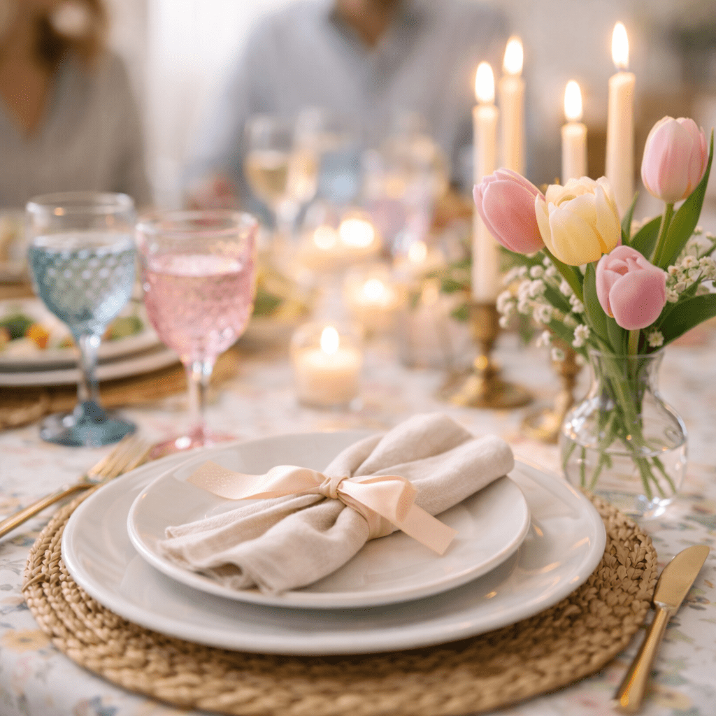 Easter table setting with layered ceramic plates, pastel glassware, tulips in a bud vase and softly lit taper candles in natural daylight.