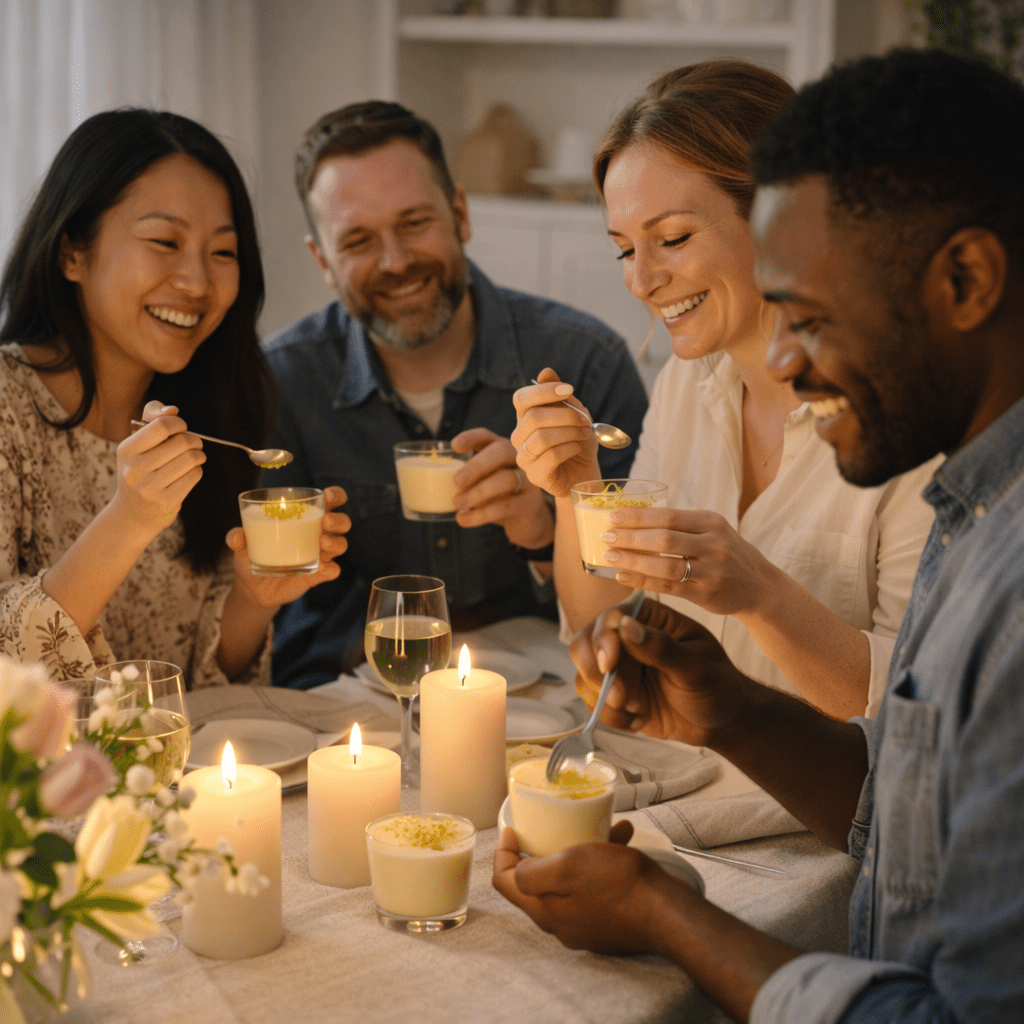 Group of adults enjoying lemon posset at a candlelit spring dinner table in natural daylight.