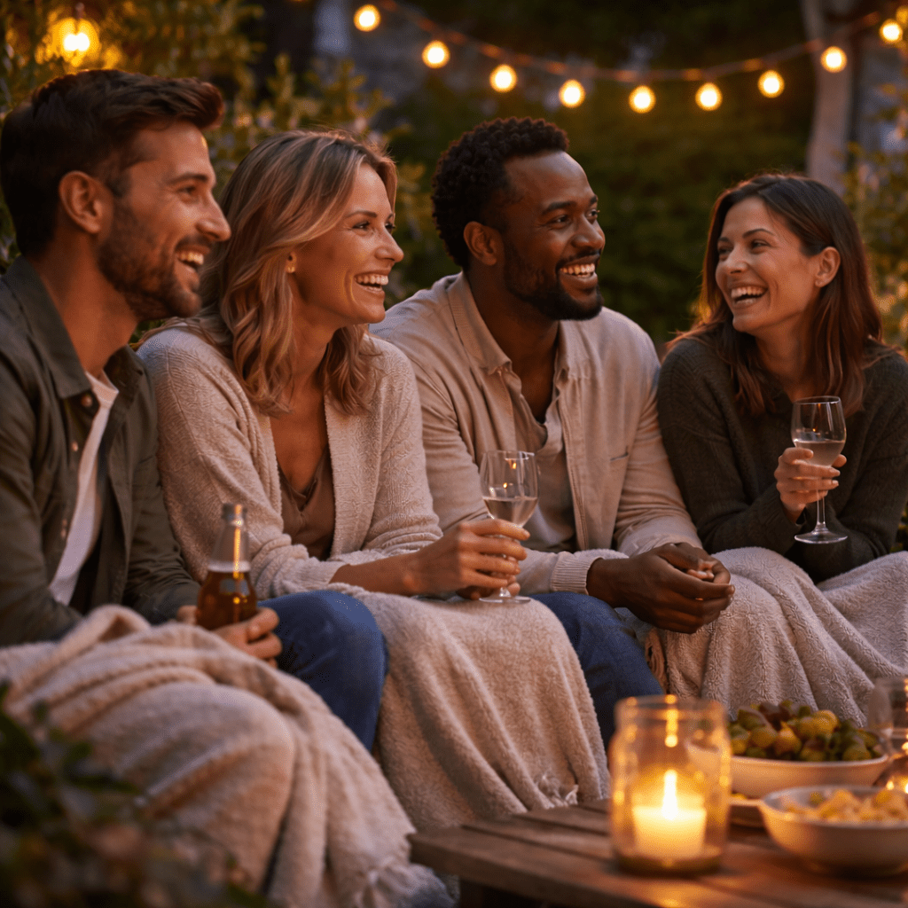Group of adults sitting on a patio at dusk with string lights glowing and light blankets over their laps.
