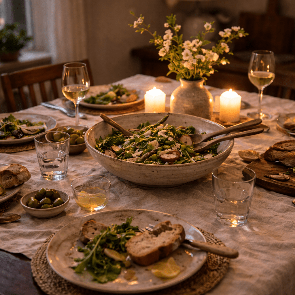 Spring dining table styled for everyday dining with candles, rumpled linen tablecloth and relaxed place settings.