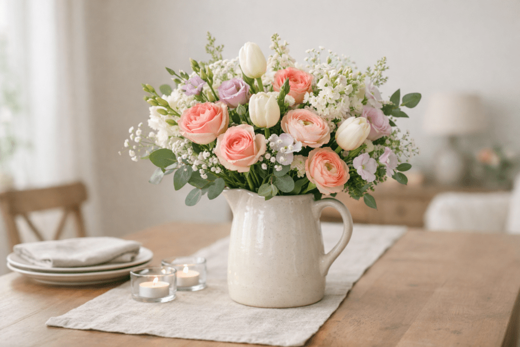 A florist bouquet styled in a ceramic jug on a dining table