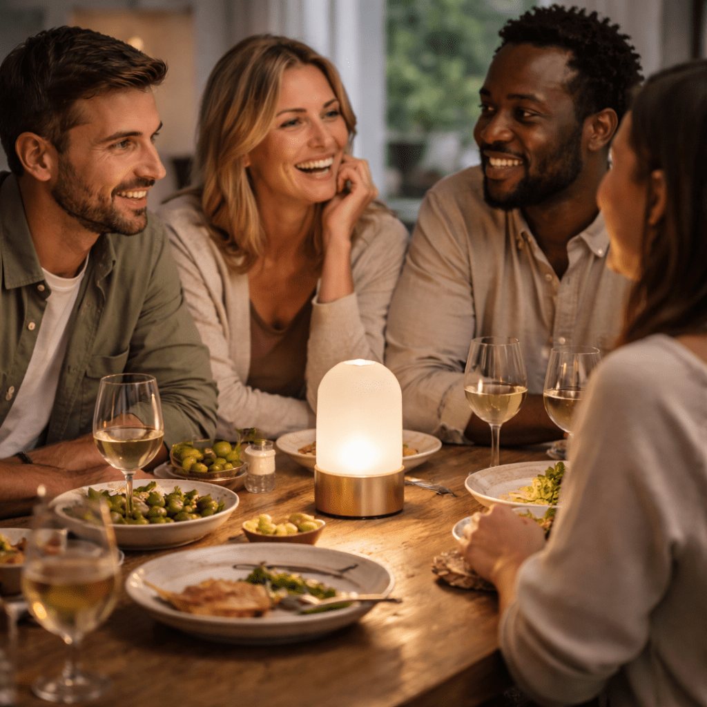 Dinner gathering of friends with intimate table light to show how to light your home for spring