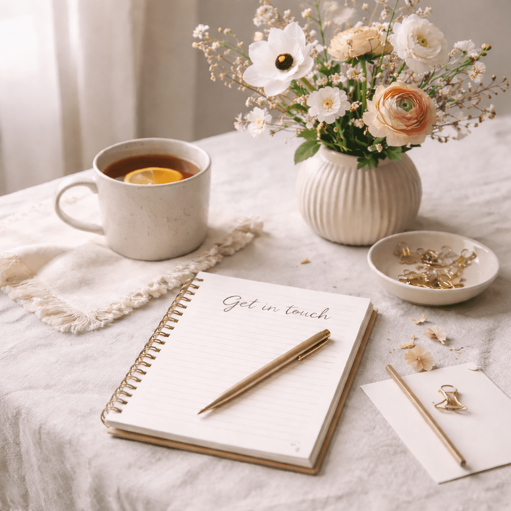 Calm workspace scene with notebook, pen, tea and flowers in soft natural light